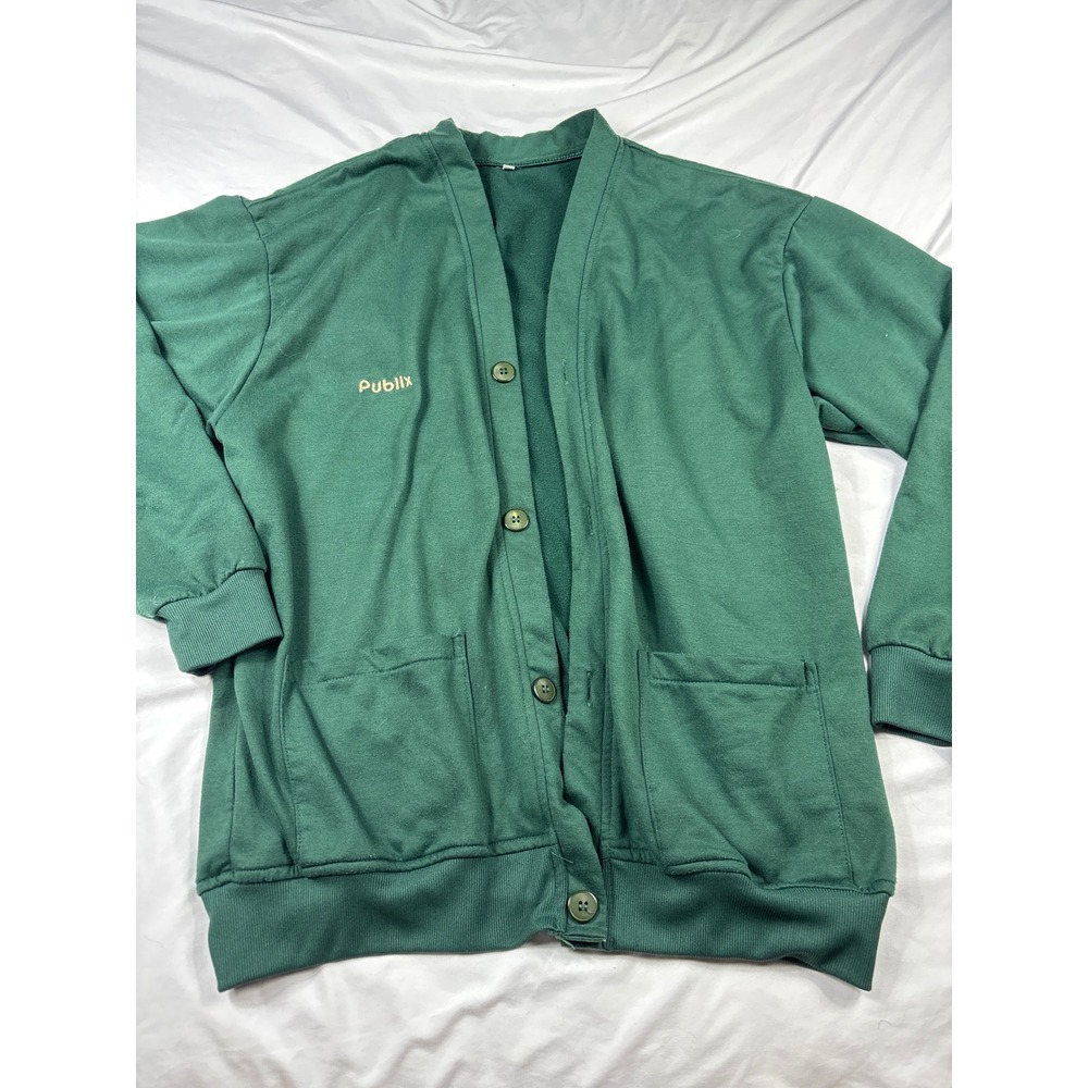 Publix Employee Uniform Cardigan Sweater Green Button Front Fleece Lined Large